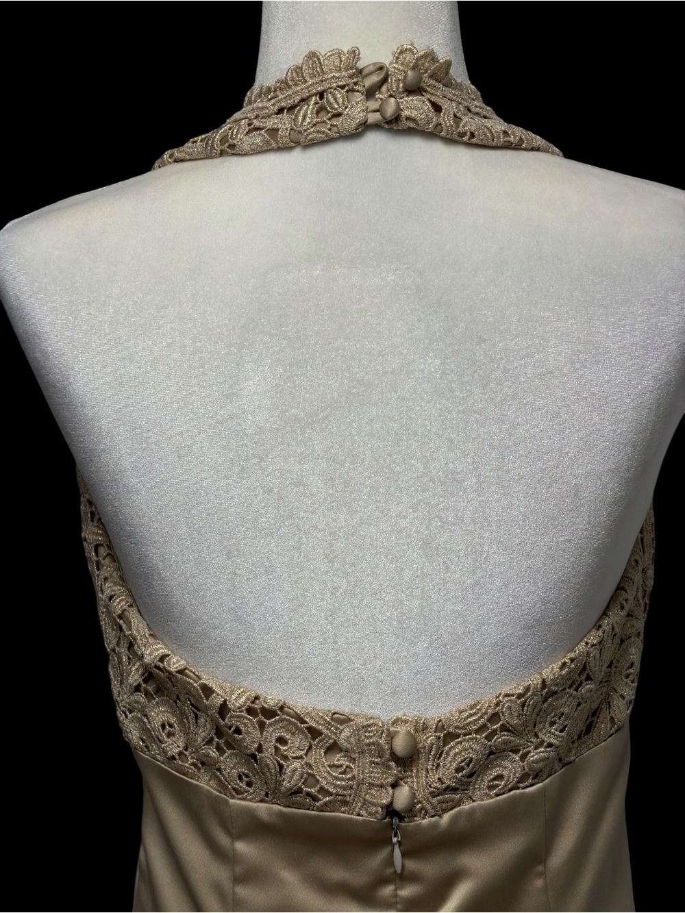Vintage Jessica McClintock Champagne Satin Halter Lace Maxi A-Line Dress Size 10 - Picture 4 of 5